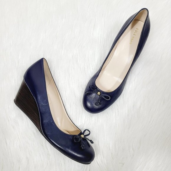 Cole Haan Shoes - Cole Haan Leather Platform Wedge Bow Slip-On Heels